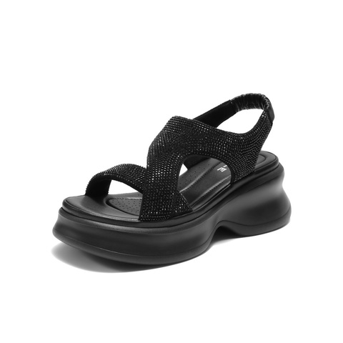 百丽细闪水钻面休闲凉鞋女2025夏新商场同款厚底增高凉鞋E2W1DBL5