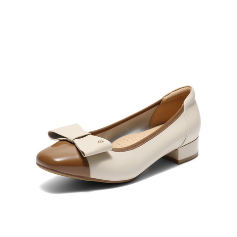 百丽撞色气质单鞋女2025秋新商场同款真皮小方头浅口单鞋E1B1DCQ5