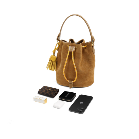 百丽包包女25秋商场同款复古绒面休闲单肩斜挎手提水桶包X7387CX5