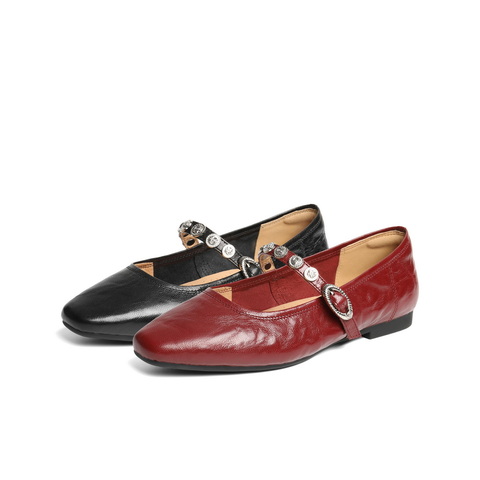 百丽复古褶皱皮玛丽珍鞋女2025秋新商场同款真皮软底单鞋D9V1DCQ5