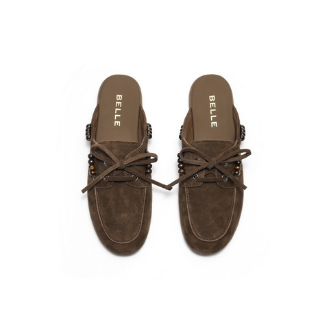 百丽复古绒面穆勒鞋女2025秋新商场同款真皮串珠包头拖鞋D9Y1DCH5