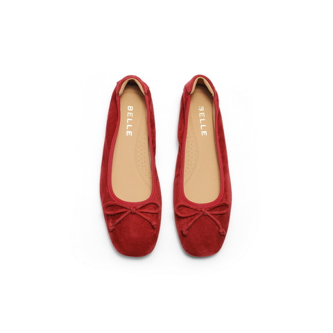 百丽绒面平跟单鞋女2025秋新商场同款真皮软底可翻折便鞋E1E1DCQ5