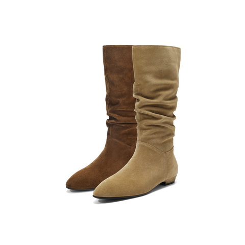 百丽复古绒面西部靴女2025冬新商场同款高筒堆堆长靴E5Z1DDG5