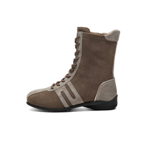 百丽时髦撞色休闲靴女2025冬新商场同款舒适薄底拳击靴E6P1DDZ5