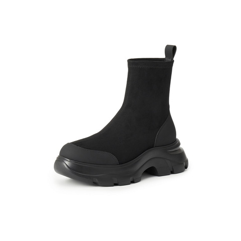 百丽厚底增高弹力靴女2025冬新复古绒面防撞头弹力短靴E4V2DDZ5