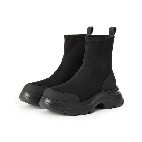 百丽厚底增高弹力靴女2025冬新复古绒面防撞头弹力短靴E4V2DDZ5