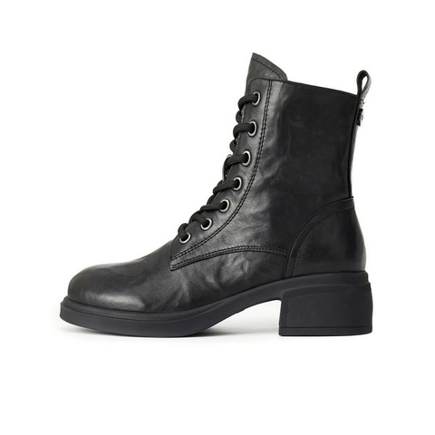 百丽复古高跟马丁靴女2025冬新商场同款真皮休闲短靴3NW45DD5