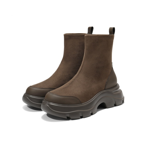 百丽厚底增高弹力靴女2025冬新复古绒面防撞头弹力短靴E4V2DDZ5