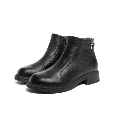 百丽复古褶皱面时装靴女2025冬新商场同款真皮粗跟短靴E4Y1DDD5