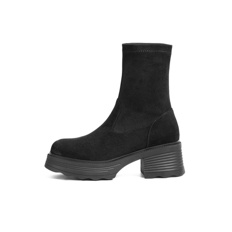 百丽复古弹力靴女2025的冬新商场同款粗跟增高休闲短靴E5G2DDZ5