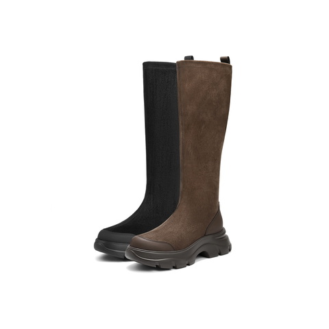 百丽复古时尚绒面弹力靴女2025冬新厚底防撞头弹力高靴E4V1DDG5