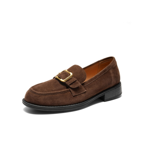 百丽复古风乐福鞋女2025秋新真皮时尚皮带扣通勤单鞋B2885CA5