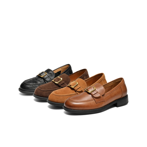 百丽复古风乐福鞋女2025秋新真皮时尚皮带扣通勤单鞋B2885CA5