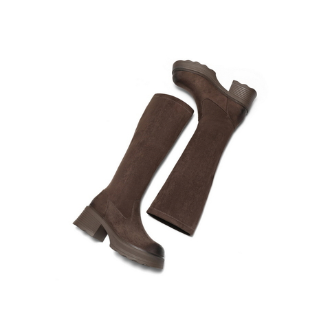 百丽简约复古弹力靴女2025冬新商场同款粗跟增高弹力高靴E5G1DDG5