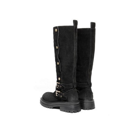 百丽复古绒面西部靴女2025冬新厚底增高潮流双饰扣高筒靴B2825DG5