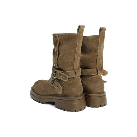 百丽厚底增高西部靴女2025冬新复古绒面潮酷双饰扣中筒靴B2824DZ5