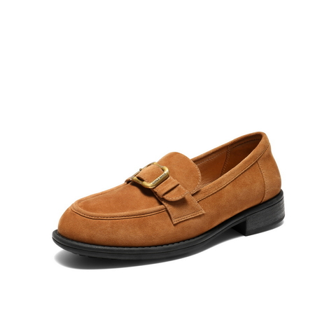 百丽复古风乐福鞋女2025秋新真皮时尚皮带扣通勤单鞋B2885CA5