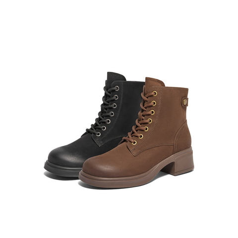 百丽时尚粗跟马丁靴女2025冬新商场同款真皮舒适短靴3NW40DD5