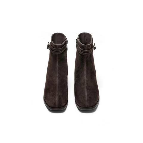 百丽复古绒面时装靴女2025冬新商场同款真皮优雅高跟短靴E5X1DDD5