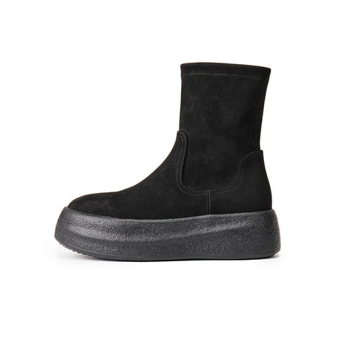 百丽简约复古绒面感弹力靴女2025冬新厚底增高弹力短靴B2821DZ5