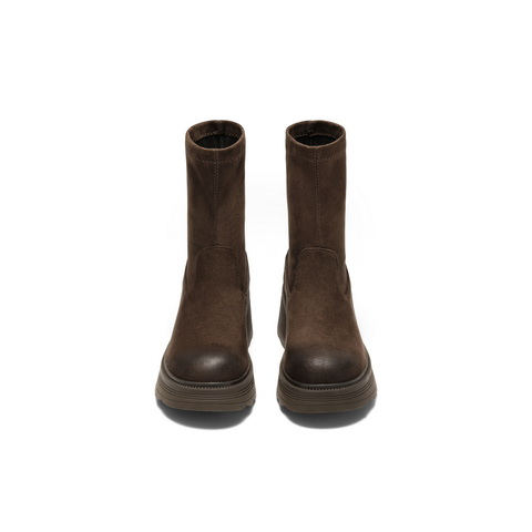 百丽复古弹力靴女2025的冬新商场同款粗跟增高休闲短靴E5G2DDZ5