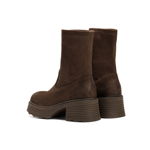 百丽复古弹力靴女2025的冬新商场同款粗跟增高休闲短靴E5G2DDZ5