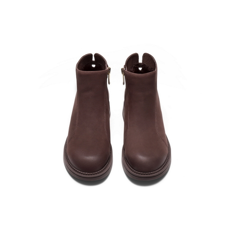 百丽复古褶皱面时装靴女2025冬新商场同款真皮粗跟短靴E4Y1DDD5