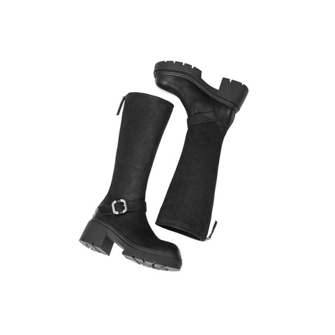 百丽复古潮酷弹力靴女2025冬新商场同款粗跟增高弹力高靴E5H1DDG5