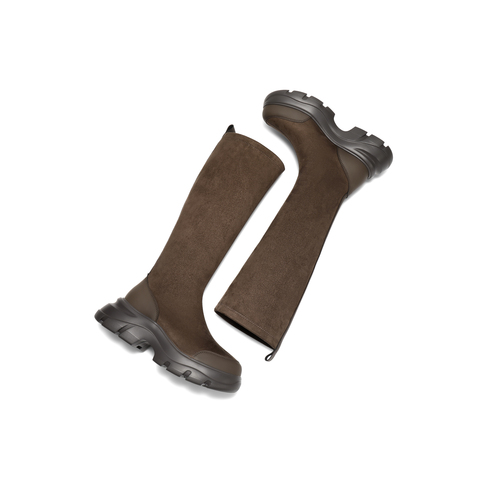 百丽复古时尚绒面弹力靴女2025冬新厚底防撞头弹力高靴E4V1DDG5