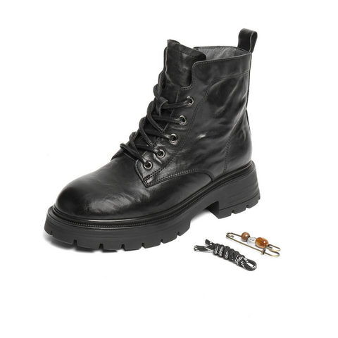 百丽复古质感抓皱面马丁靴女2025冬新商场同款真皮短靴E4W1DDD5