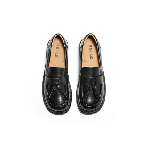 百丽复古抓皱面乐福鞋女2025秋新舒适通勤流苏便士乐福B2788CA5