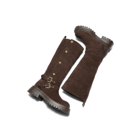 百丽复古绒面西部靴女2025冬新厚底增高潮流双饰扣高筒靴B2825DG5