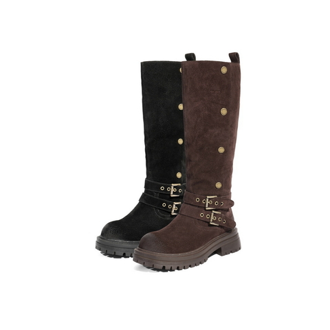 百丽复古绒面西部靴女2025冬新厚底增高潮流双饰扣高筒靴B2825DG5