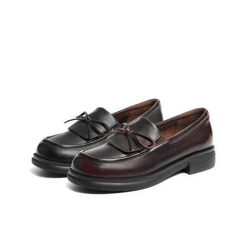 百丽复古蝴蝶结乐福鞋女2025秋新商场同款真皮便士乐福鞋E8L1DCA5