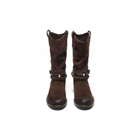 百丽复古时尚时装靴女2025冬新商场同款串珠绑带西部靴3QFC6DZ5