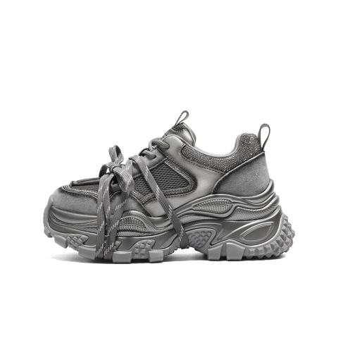 百丽时尚拼接网面水钻老爹鞋女2025秋新厚底增高休闲鞋B2927CM5