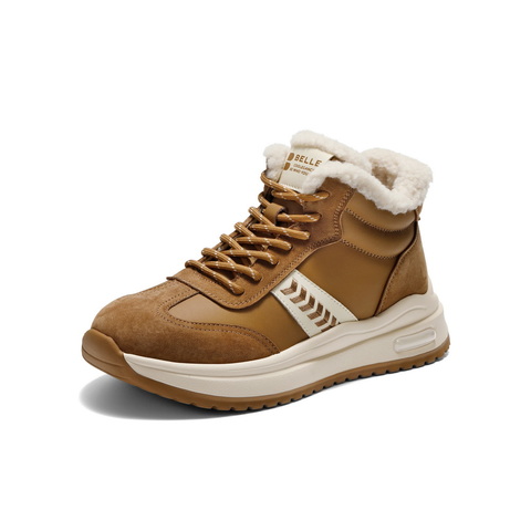 百丽拼接高帮鞋休闲鞋女2025冬新商场同款加绒厚底休闲鞋E5V1DDD5