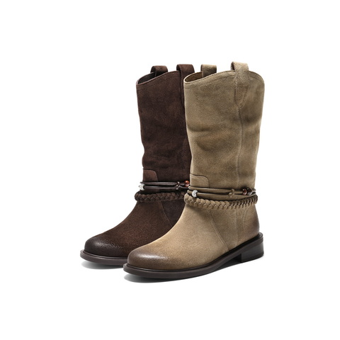 百丽复古时尚时装靴女2025冬新商场同款串珠绑带西部靴3QFC6DZ5