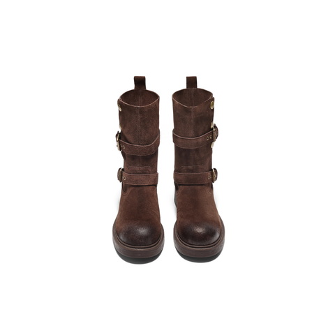 百丽复古潮流马丁靴女2025冬新商场同款按扣休闲短靴E7Z1DDZ5