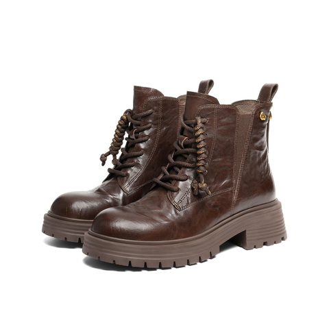 百丽复古抓皱马丁靴女2025冬新商场同款真皮休闲短靴E8D1DDD5