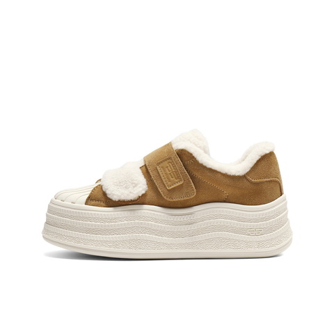 百丽魔术贴毛毛鞋女2025冬新商场同款波浪厚底增高休闲鞋E4J1DDM5