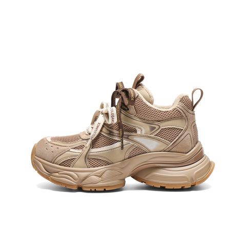 百丽拼接面高帮老爹鞋女2025冬新厚底增高加绒休闲鞋B2891DM5