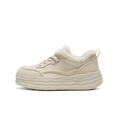 百丽简约百搭高帮板鞋女2025冬新商场同款加绒厚底板鞋E6J1DDM5