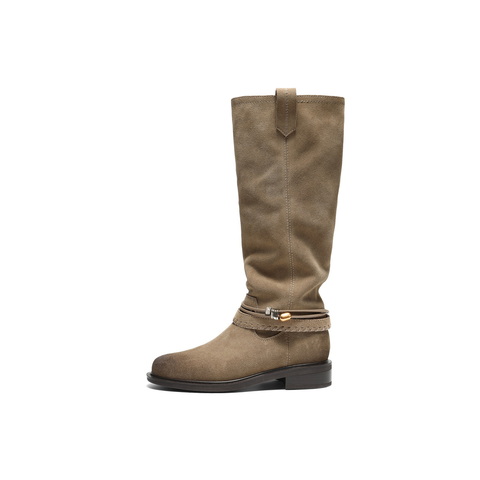 百丽复擦色绒面西部靴女2025冬新商场同款宽筒围高筒靴F2S1DDG5