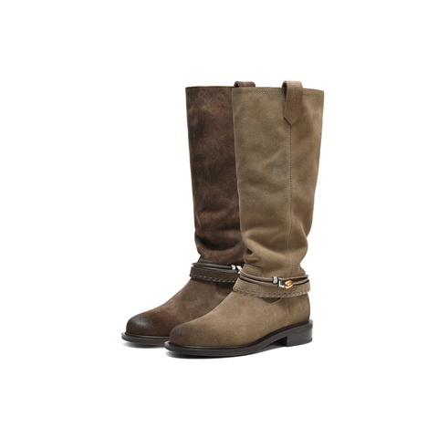 百丽复擦色绒面西部靴女2025冬新商场同款宽筒围高筒靴F2S1DDG5