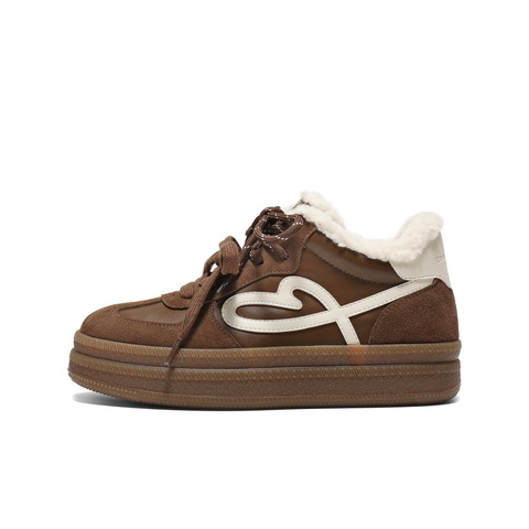 百丽复古撞色爱心高帮鞋女2025冬新厚底加绒保暖休闲板鞋B2936DM5