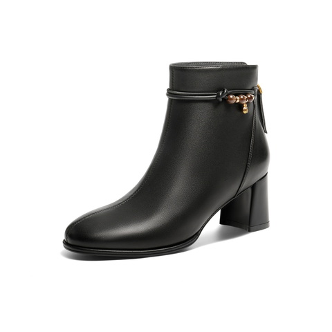 百丽简约优雅时装靴女2025冬新商场同款真皮粗跟气质短靴E8K1DDD5