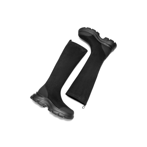 百丽复古时尚绒面弹力靴女2025冬新厚底防撞头弹力高靴E4V1DDG5