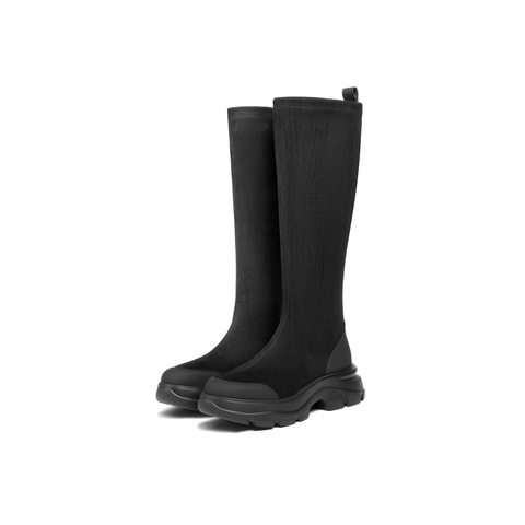 百丽复古时尚绒面弹力靴女2025冬新厚底防撞头弹力高靴E4V1DDG5