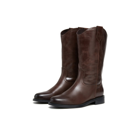 百丽复古做旧擦色时装靴女2025冬新商场同款真皮尖头筒靴3QFD1DS5